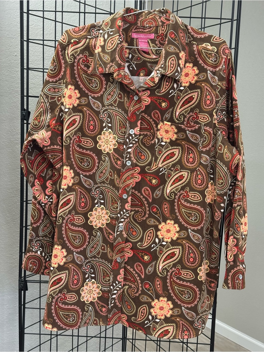 Woman Within Brown Paisley Button- Down with Red & Cream Floral Accents XL-XXL